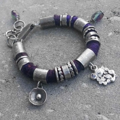 Bransoleta boho jedwab szafir fluoryt srebro 925