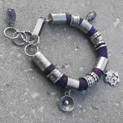 Bransoleta boho jedwab szafir fluoryt srebro 925