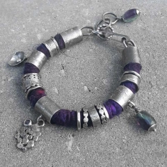 Bransoleta boho jedwab szafir fluoryt srebro 925