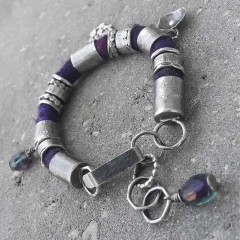 Bransoleta boho jedwab szafir fluoryt srebro 925