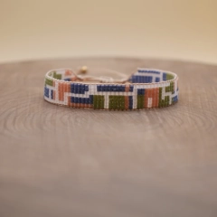Bransoletka tkana z koralików Miyuki – wzór geometryczny – niebieski różowy zielony – handmade